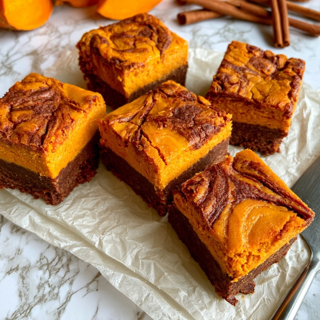 The image shows five square pieces of a two-layered dessert arranged on crinkled white parchment paper on a white marbled surface. Each piece has a bottom layer that is rich dark brown with a soft, slightly crumbly texture, and a top layer that is bright orange with smooth swirls of darker brown running through it. The top surface of the dessert pieces has a cracked pattern with a mix of orange and brown tones. In the background, there are orange pumpkin slices and cinnamon sticks scattered on the white marbled surface, adding a warm autumn feel. A silver spatula is partially lifting one piece from the parchment paper. The photo is taken with an iphone --ar 4:5 --v 7
