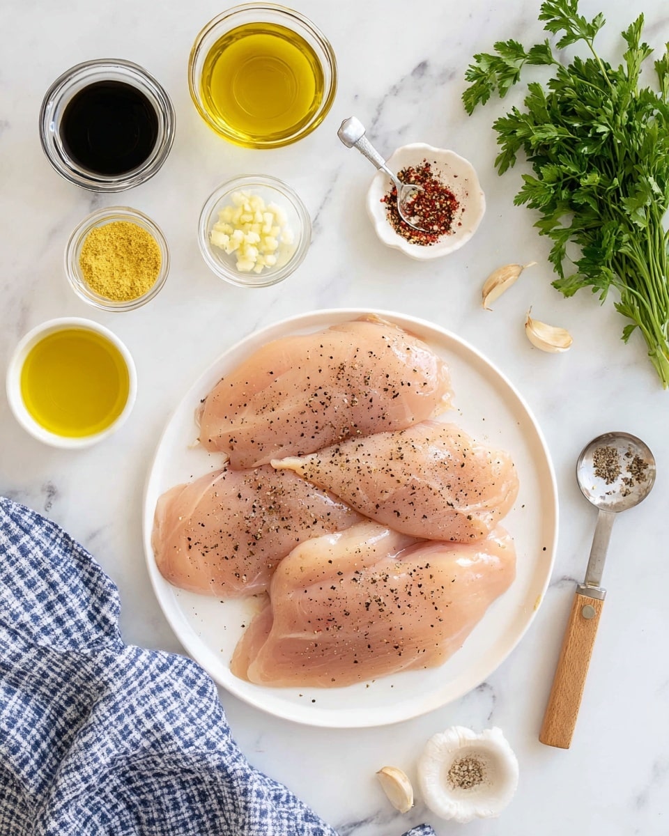 The image shows a white round plate at the bottom center holding four raw chicken fillets, each sprinkled with black pepper, with soft pink color and smooth texture; above the plate are small white bowls and glass jars holding different ingredients including yellow mustard in a bowl to the left, olive oil in a small cup directly above the plate, chopped garlic in a ramekin near the top center, and two dark liquid sauces in small white cups and glass jars to the top left and right; a silver measuring spoon with red seasoning is placed to the upper right; a fresh green parsley bunch is on the top right corner; the surface is white marble and a blue and white checkered cloth is placed at the bottom left corner photo taken with an iphone --ar 4:5 --v 7