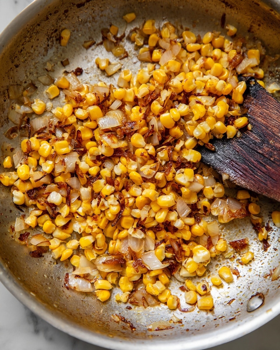 Inside a metal pan, there is a mix of sautéed yellow corn kernels and light brown to golden caramelized onion slices scattered unevenly. The corn is shiny and plump, showing shades of yellow and white, while the onion pieces have a crispy texture with browned edges. Small bits of browned garlic or seasoning are spread throughout the pan, adding more texture. On the right side, a dark wooden spoon is partially visible, lightly stained by the food. The pan itself shows some cooking marks and slight browning. The surface under the pan is a white marbled texture photo taken with an iphone --ar 4:5 --v 7