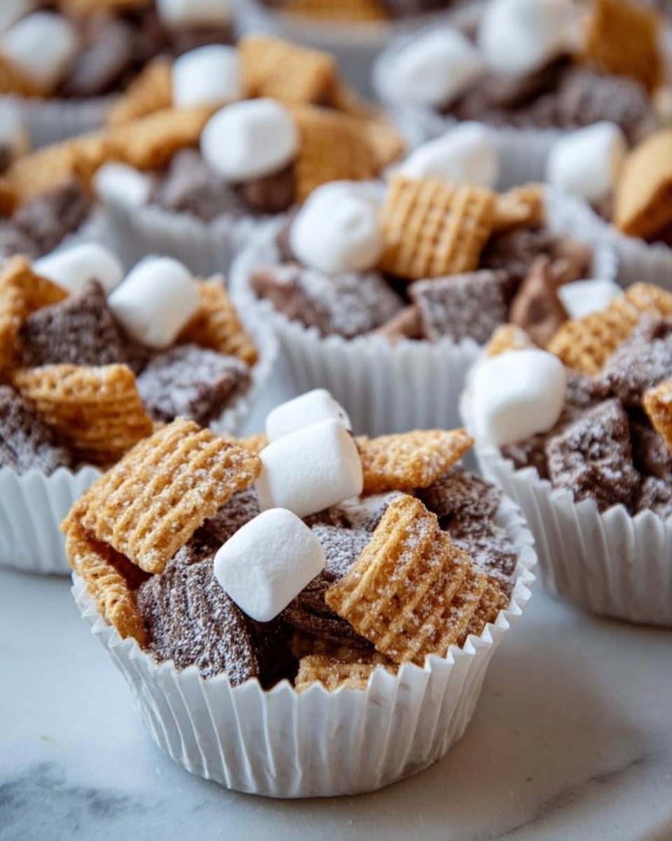 Several white paper cupcake liners filled with a snack mix sit on a white marbled surface. Each liner holds multiple layers: small white marshmallows scattered around, golden brown square cereal pieces with a ridged texture, and dark brown chocolatey cereal squares mixed evenly throughout. The snacks look slightly dusted with powdered sugar, giving a light dusting on the top layer. The close-up shot shows the mix spilling just a bit over the edge of each liner, arranged in a neat row with soft focus on the background. Photo taken with an iphone --ar 4:5 --v 7
