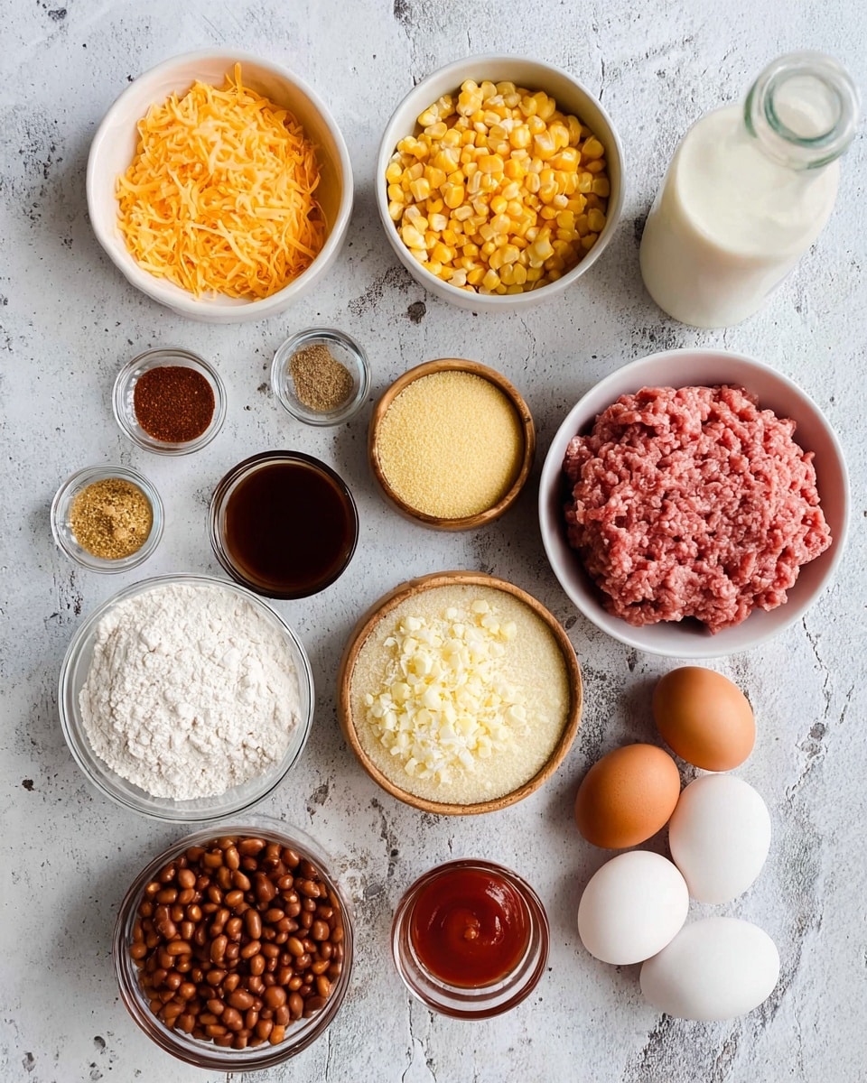 The image shows many small white and light brown bowls arranged neatly on a white marbled surface. Starting at the top left, there is a white bowl with shredded orange cheese, next to it a white bowl filled with yellow corn kernels. Below, a small wooden bowl holds several spices in brown, red, and green shades. Moving to the center left, there is a small transparent cup with dark brown sauce, and below it, a glass bowl filled with brown beans. Next to the beans, a bowl with white flour and a very small wooden bowl with minced light yellow garlic are seen. At the center, slightly to the right, a larger wooden bowl holds a mound of raw pink ground meat. Above this meat bowl are a round glass dish filled with pale yellow cornmeal and a small white cream jug. To the right of these is a small glass jar with red tomato paste and a light wooden bowl holding white salt and baking soda. Below these ingredients is a clear glass bowl with white buttermilk and two whole brown eggs beside it. At the top right, a tall clear bottle with a silver cap holds a light yellow oil. The overall image is bright, organized, and colorful with a clean cooking setup, photo taken with an iphone --ar 4:5 --v 7