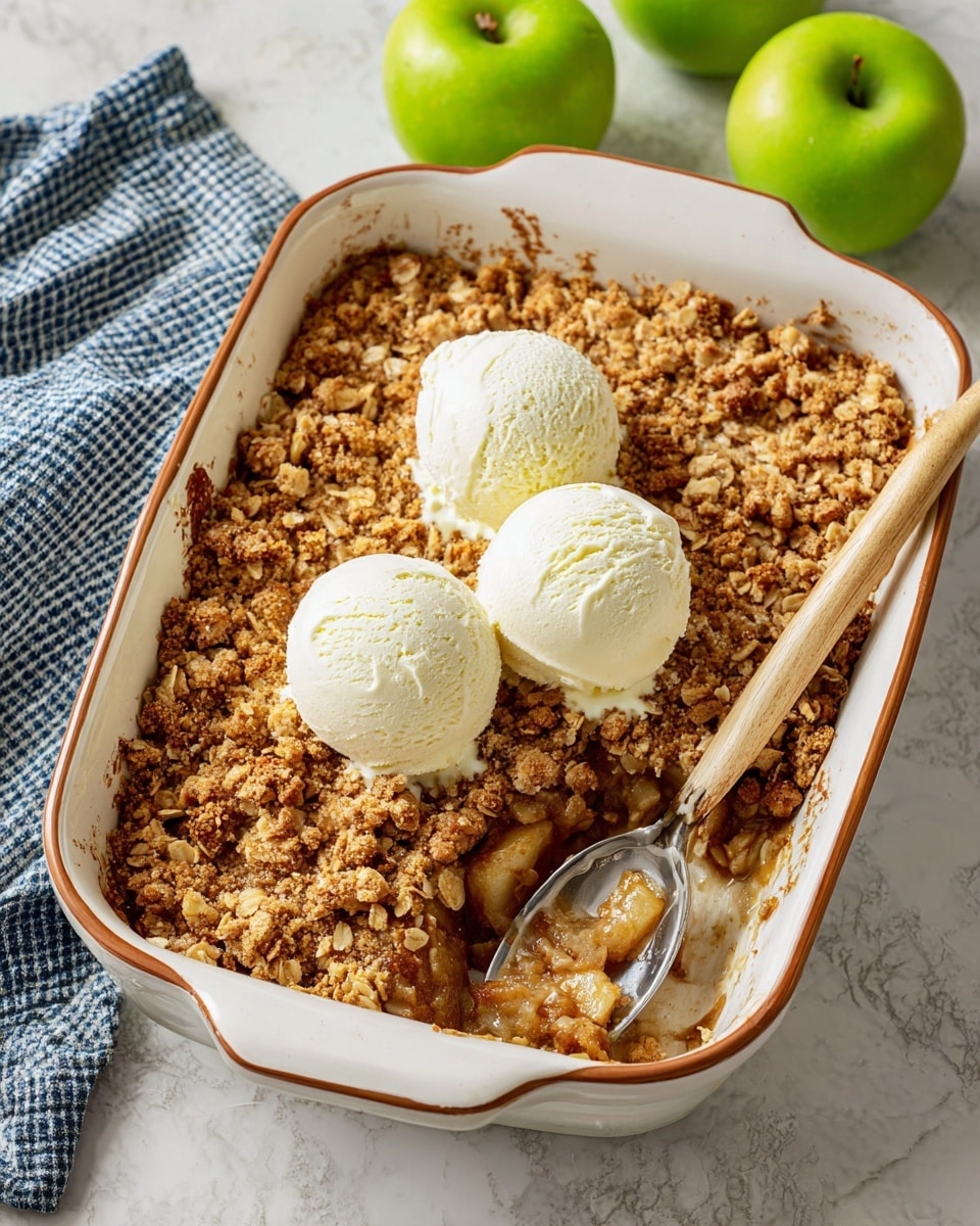 This close-up image shows a white dish filled with baked apple crisp. The dish has chunks of soft, golden-brown apples mixed with a thick, creamy sauce. On top, there is a crunchy layer made of toasted oats and brown sugar, giving a textured look with small, rough clumps of crumble. A white spoon is scooping a bite, mixing the soft apple pieces and crunchy topping. The scene is set on a white marbled surface, with warm tones of beige, brown, and cream blending in the dessert. Photo taken with an iphone --ar 4:5 --v 7