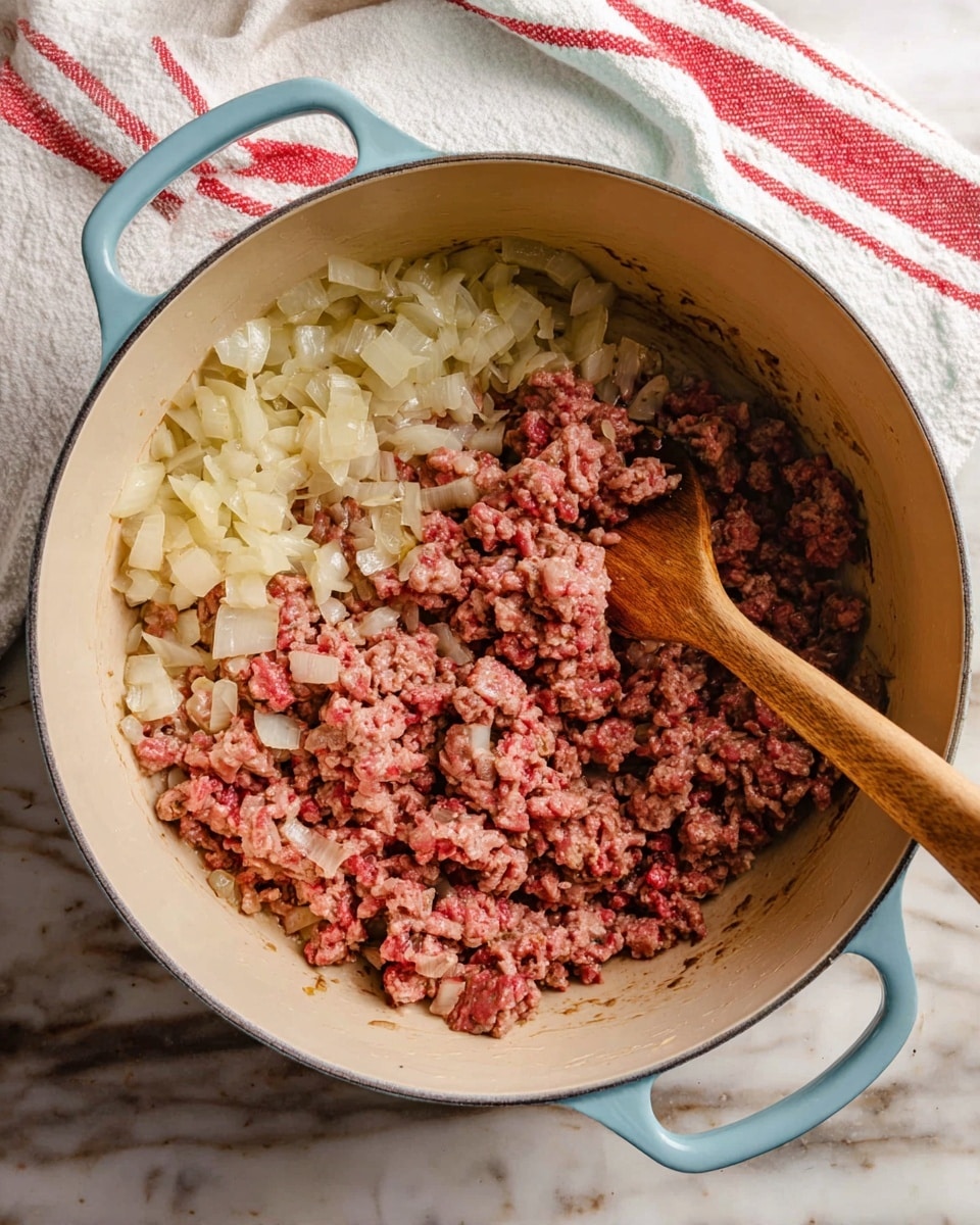 Inside a light blue cooking pot with cream inside, there is a mix of cooked and uncooked ground meat with chopped onions. The ground meat shows layers of reddish-pink uncooked parts and brown cooked bits mixed with translucent, soft diced onions, mainly on the left half of the pot. A wooden spoon is partly visible on the right side, resting on the food. All of this is set on a white marbled surface with a white cloth decorated with red stripes placed behind the pot handle. Photo taken with an iphone --ar 4:5 --v 7