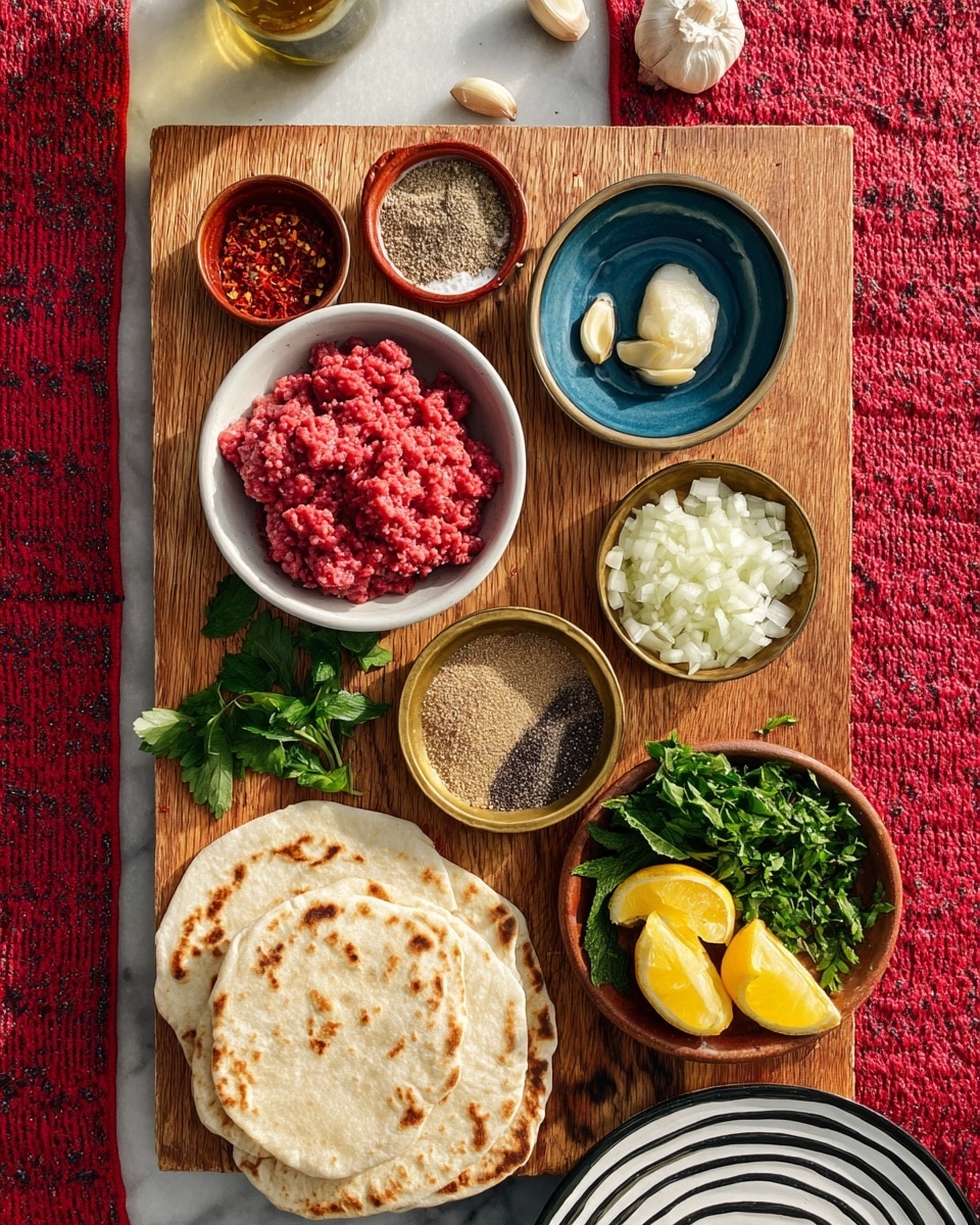A wooden cutting board holds several small bowls and plates with ingredients placed neatly on a white marbled surface. At the center bottom is a round white bowl filled with red ground meat. Above it, a small blue bowl contains crushed garlic with a whole peeled garlic clove on top. Beside it, a small red bowl contains red pepper flakes. To the right, another blue bowl is filled with chopped white onions. Below that, a small golden dish holds peeled garlic cloves and fresh bright green mint leaves. At the bottom right, a brown plate is stacked with yellow lemon wedges and fresh parsley with dark green leaves. Further down, a round white bowl has black pepper. Near the bottom left, a red bowl contains a light brown powder spice. On the bottom right corner, a white plate with black stripes holds folded flatbreads showing light brown grill marks. The whole setup sits on a red woven fabric backdrop. Photo taken with an iphone --ar 4:5 --v 7