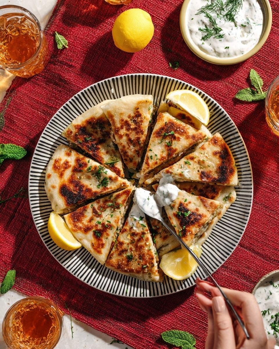 A round white plate with black vertical stripes holds seven pieces of folded flatbread with a browned, toasted top and some green parsley sprinkled over them; one piece is cut in half to show dark filling inside, and a woman's hand with a spoon is adding white sauce with herbs on one piece. Around the plate are lemon wedges and fresh green mint leaves, on a red textured cloth. Nearby are glass cups with amber liquid and a bowl of white herbed sauce with dill on top, all on a white marbled surface. Photo taken with an iphone --ar 4:5 --v 7