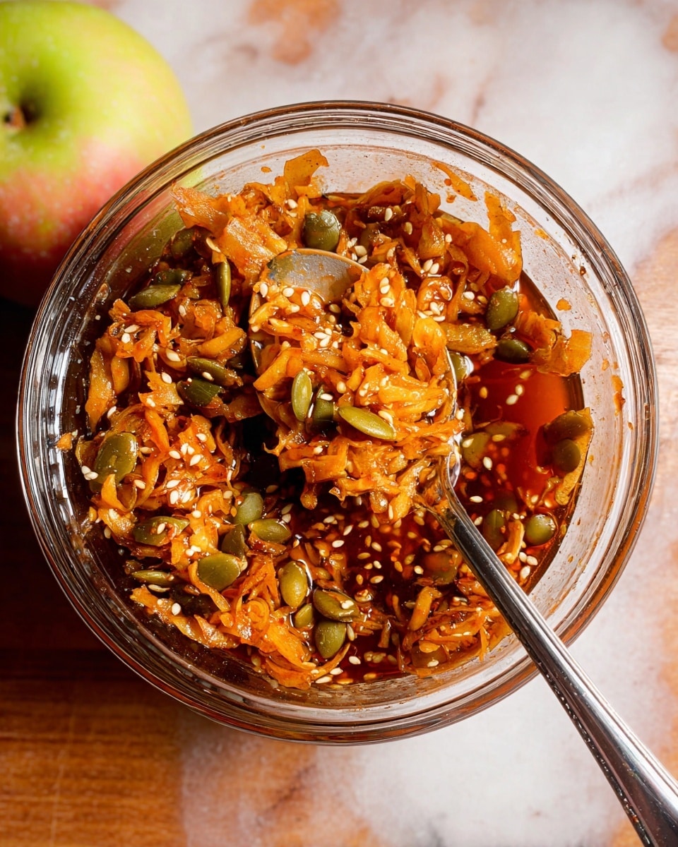 A close-up view of a clear glass bowl filled with a mixture of golden-brown crispy bits, small white sesame seeds, green pumpkin seeds, and thin fried onion slices, with a silver spoon scooping some mixture. To the left of the bowl, there is a whole apple with a blend of pale green and pinkish-red skin. The surface underneath is a wooden texture with warm brown tones. photo taken with an iphone --ar 4:5 --v 7
