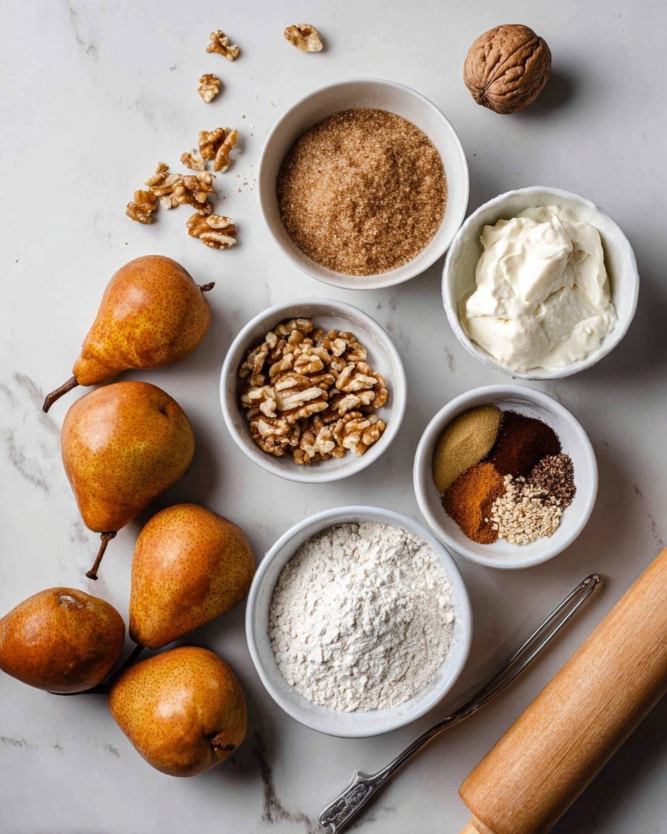 The image shows several ingredients arranged on a white marbled surface. In the center, there are five white bowls: one with brown sugar showing a grainy texture, one with a white cream-like ingredient, one with whole walnuts, one with a mix of ground spices including brown and beige powders, and one with white flour that looks powdery. Surrounding the bowls are eight brown pears with a smooth texture, some whole and one partially sliced. At the bottom right, part of a wooden rolling pin with a metal handle is visible. The layout is neat and the colors focus on browns, whites, and natural fruit tones. Photo taken with an iphone --ar 4:5 --v 7