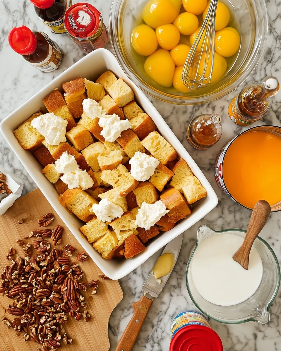The image shows a white rectangular baking dish filled with large pieces of light golden bread topped with small dollops of white cream cheese. To the right is a glass bowl with multiple yellow egg yolks and a silver whisk inside. Below the baking dish, there is a wooden cutting board with chopped pecans scattered and a small knife with a wooden handle resting on it. Near the bottom right, there is a glass measuring cup filled with white milk and an opened can of bright orange pumpkin puree beside it. A bottle of vanilla extract and a red-lidded container are also visible on the marble surface. The background is a white marbled texture photo taken with an iphone --ar 4:5 --v 7