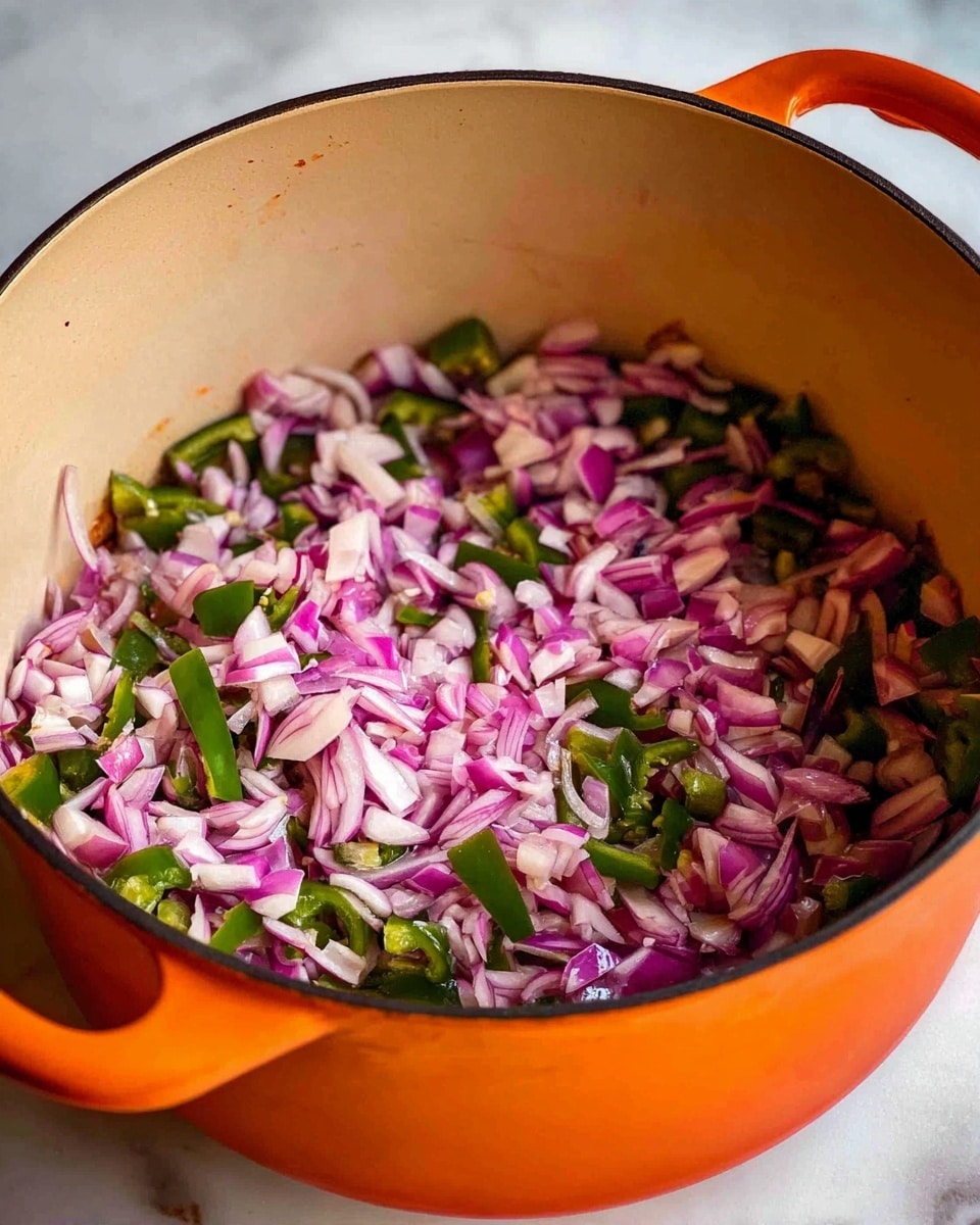 Inside a large orange cooking pot, there is a single layer of finely chopped red onions and green peppers mixed together. The red onions have a bright purple and white color, while the green peppers add a fresh green contrast. The pot’s surface curves gently, showing the mixture spread across the bottom. The background is a white marbled texture photo taken with an iphone --ar 4:5 --v 7