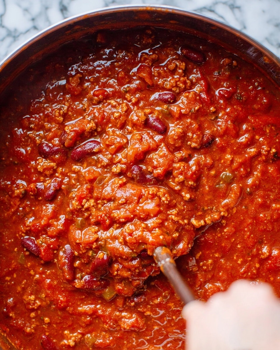 The image shows a close-up of a thick red chili or stew full of small chunks of meat, beans, onions, and vegetables mixed in a rich, textured, glossy sauce. The stew has a hearty and chunky look with bits of red kidney beans and small pieces of various ingredients throughout. A small part of a spoon with a woman's hand holding it is visible at the bottom right corner, stirring the stew. The background is a white marbled texture. photo taken with an iphone --ar 4:5 --v 7