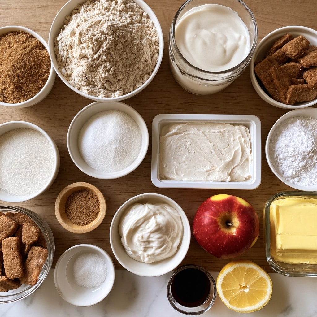 A top-down view of a wooden table with various white bowls and glass containers holding baking ingredients arranged neatly. There is a bowl of light beige flour at the top center, a clear glass container filled with white vegan heavy cream next to it, and a small white bowl with creamy vegan yogurt below. A white plastic tray holds smooth white vegan cream cheese beside two whole red apples with yellow accents. Around these are small white bowls containing brown sugar, white sugar, and white cornstarch, plus a clear bowl filled with rectangular brown cookies, a small white dish with light brown spices, another clear bowl with yellow vegan butter, a tiny wooden bowl with white salt, a dark liquid vanilla extract in a small glass, and a half lemon with bright yellow and white inside. All items are placed on a white marbled surface. Photo taken with an iphone --ar 4:5 --v 7