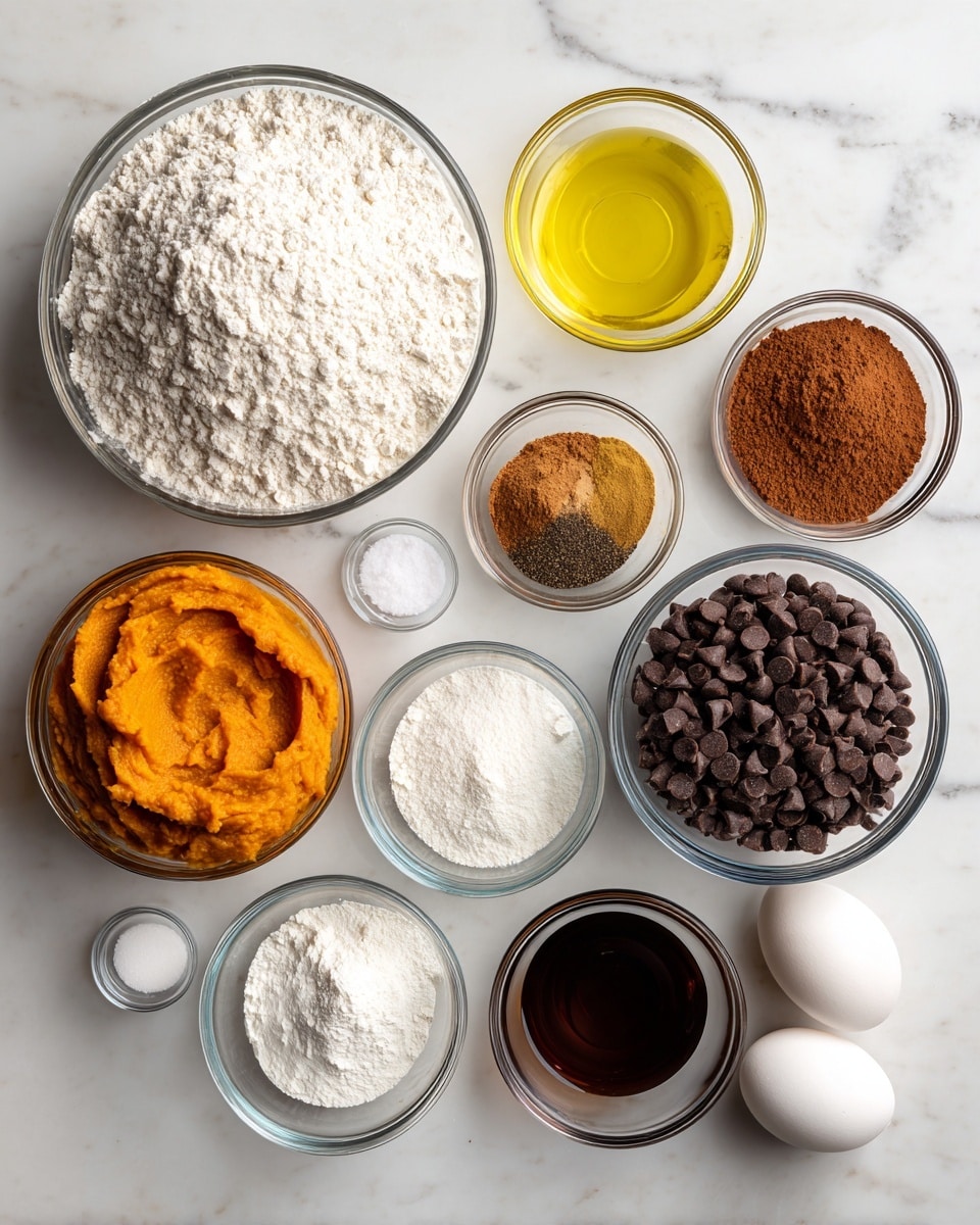 The image shows multiple clear glass bowls arranged on a white marbled surface, each containing a different ingredient. Starting from the top left, there is a large bowl filled with white all-purpose flour. Next to it, a small bowl with light yellow vegetable oil. To the right, a small bowl with a mix of brown spices labeled nutmeg, cloves, cinnamon, and ginger. Below the oil, an orange bowl of pumpkin puree is visible. A tiny bowl of white salt is next to it. Further right, a medium bowl filled with dark brown chocolate chips. Below the spices, a small bowl with white buttermilk. Towards the bottom left, a tiny bowl with white baking powder and another tiny bowl of white baking soda are placed close together. To the left center, a medium bowl of white sugar. Below it, a small bowl of dark brown vanilla extract. On the bottom right, two white eggs rest in a small glass bowl. All bowls appear transparent against the bright white marbled surface, making each ingredient visually distinct photo taken with an iphone --ar 4:5 --v 7