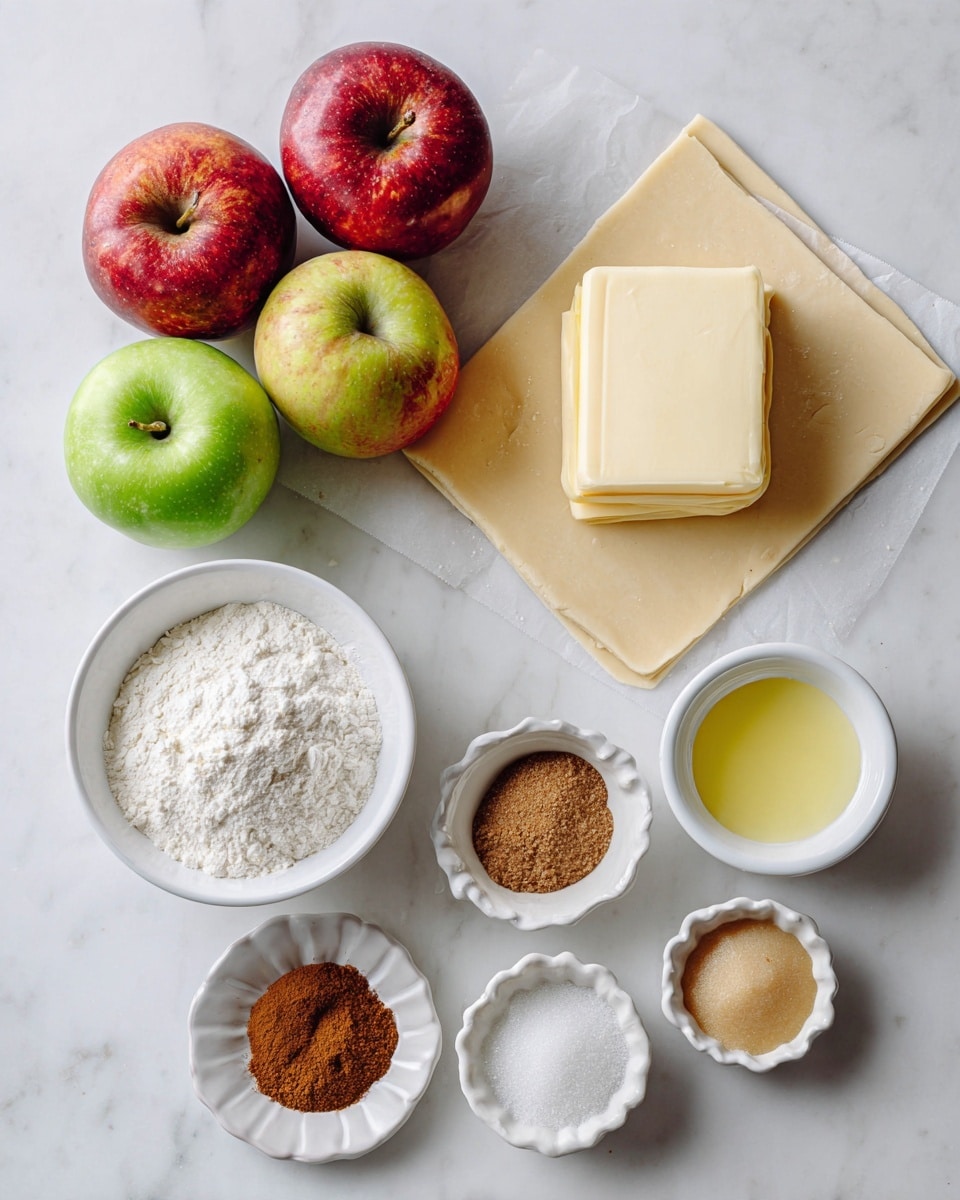 Two square sheets of pale shortcrust pastry lie slightly overlapped on a white marbled surface. To the left, three whole fresh apples sit close together, two red and one green, showing smooth shiny skins. Below the apples, small white bowls with decorative edges hold white cornstarch and white sugar. A round bowl with a light brown block of vegan butter rests near the center. A smaller bowl with light yellow lemon juice is next, followed by a bowl of loose brown sugar. At the bottom left, a small white plate holds ground cinnamon and nutmeg powders in different shades of warm brown. The whole setup is neat and well-lit, simple and fresh. Photo taken with an iphone --ar 4:5 --v 7