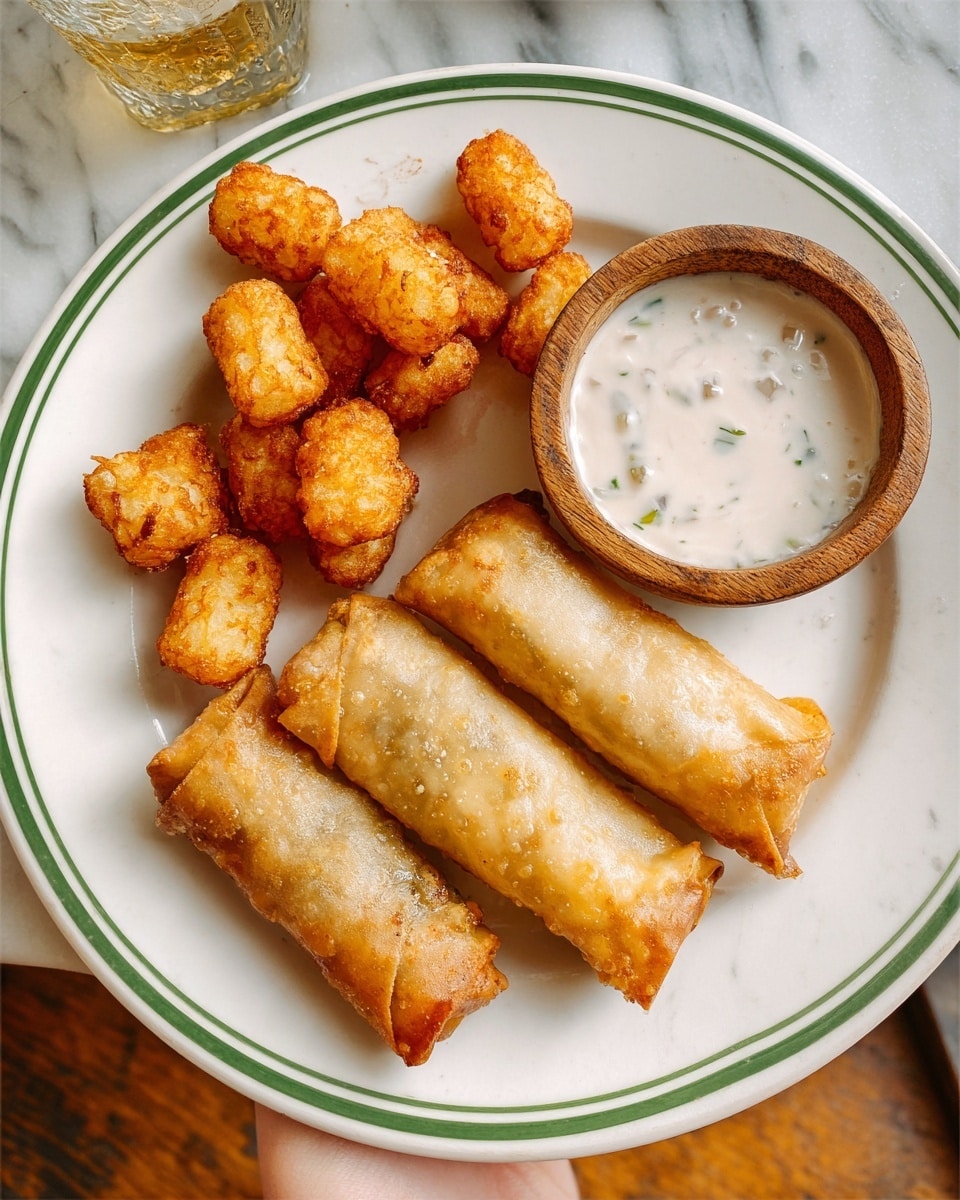 A round white plate with a thin green stripe near the edge holds three golden-brown spring rolls with crisp, slightly bubbled texture, arranged at the bottom and left side. To the upper left of the plate, there is a small pile of golden, crispy tater tots with a rough, crunchy surface. In the upper right center of the plate, a small wooden bowl filled with creamy white dipping sauce with small bits inside adds a smooth contrast. The plate rests on a white marbled surface, and part of a glass is visible in the upper left corner, while a woman's hand holds the plate on the right edge. Photo taken with an iphone --ar 4:5 --v 7