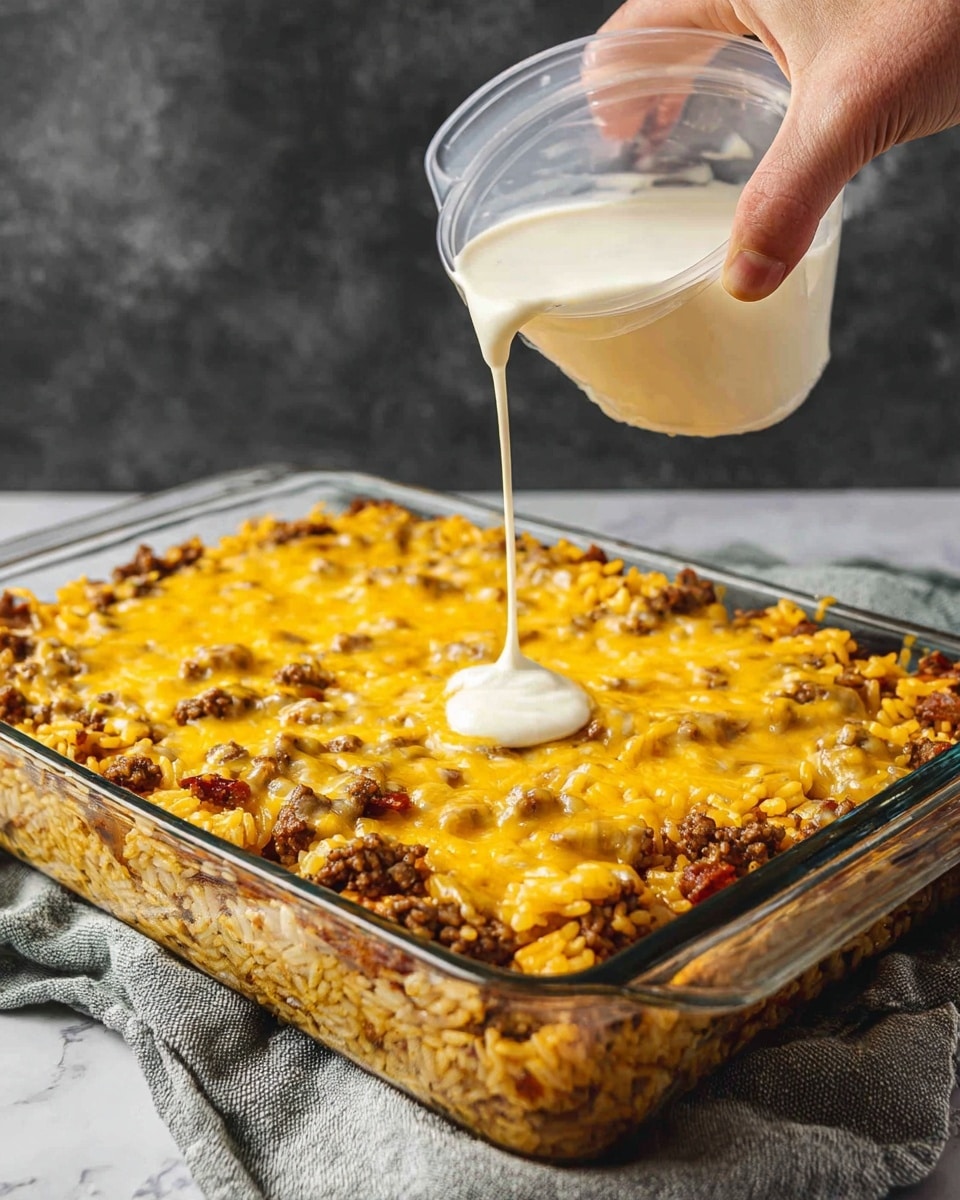 A clear glass rectangle baking dish holds a cooked casserole with a golden yellow cheesy top mixed with small pieces of browned meat and rice visible underneath. A woman's hand pours thick white sauce from a plastic container onto the center of the casserole. The dish is placed on a pale gray cloth, all set on a white marbled surface, with a dark gray textured background behind. Photo taken with an iphone --ar 4:5 --v 7