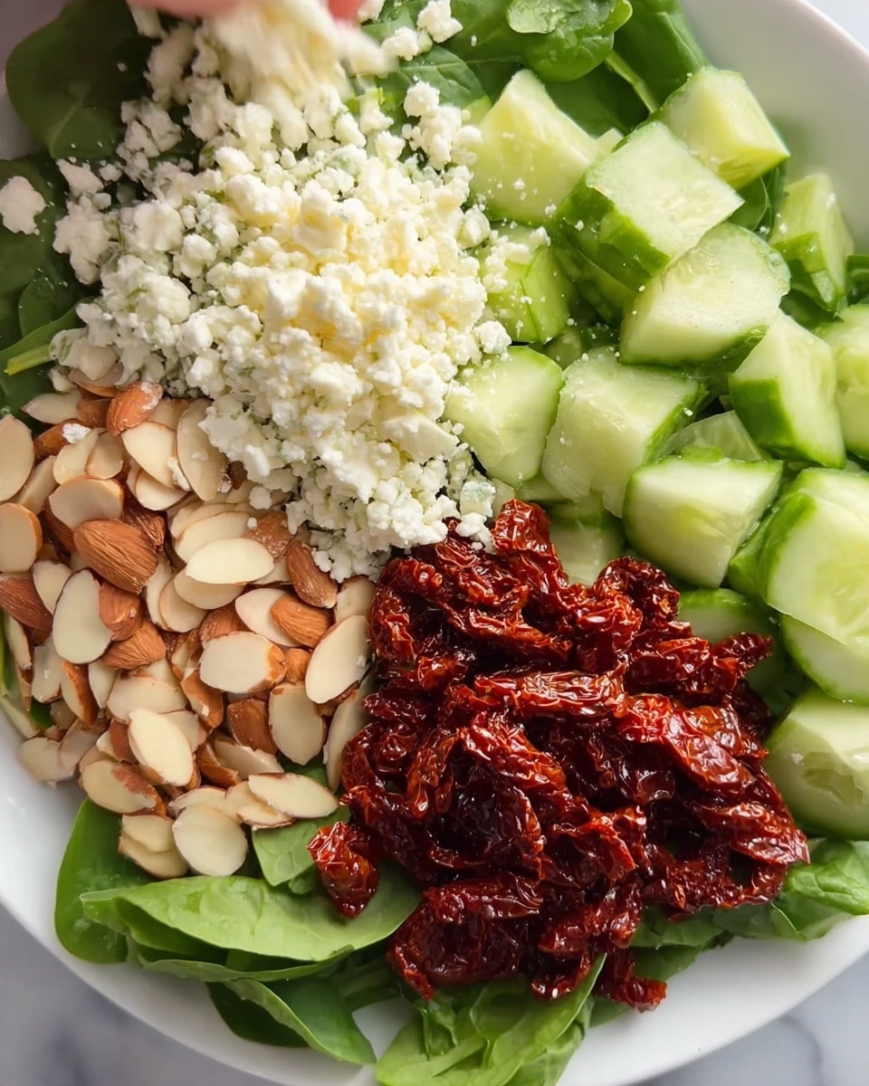 A white plate holds a fresh salad with four main layers arranged side by side. At the bottom is a layer of bright green spinach leaves, covering the plate as the base. Above it to the right are thick slices of crisp cucumber, showing a vivid light green color with a shiny texture. To the left of the cucumber are thin, round slices of toasted almond nuts, light brown with a slightly rough texture. Above the almonds, a generous sprinkling of soft white crumbled cheese is being added by a woman's hand from the upper left corner. To the right of the cheese and almonds is a pile of dark red sun-dried tomatoes with a wrinkled texture, adding a rich and bold color contrast. The background surface is a white marbled texture photo taken with an iphone --ar 4:5 --v 7