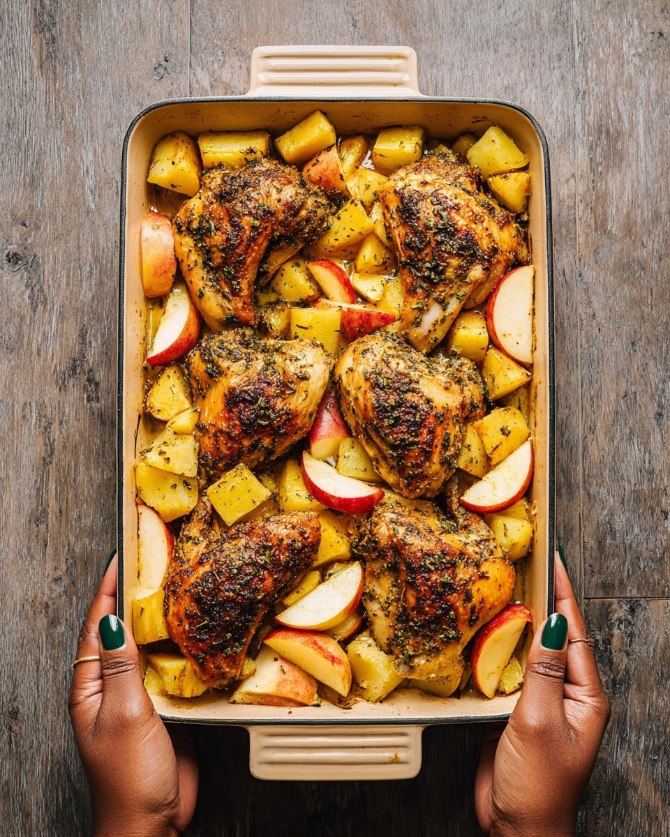 A beige rectangular baking pan filled with four large golden brown chicken pieces coated in herbs and spices sits on a white marbled wood textured surface. Around the chicken are chunky yellow potato pieces and red apple slices with light cream-colored flesh, all mixed evenly in the pan. The chicken looks juicy with a shiny, thick herb sauce spread across its surface. At the bottom edge, a pair of woman's hands with dark skin and dark green nails are holding the pan handles. The warm colors of the food contrast with the light tone of the pan and textured background. photo taken with an iphone --ar 4:5 --v 7
