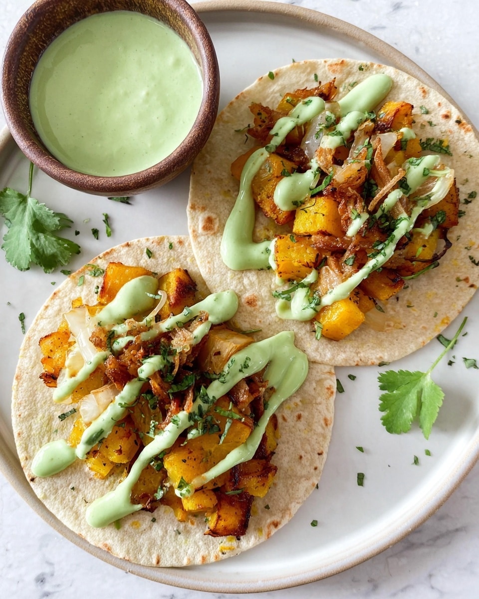 Two small tortillas lie flat on a white plate with a white marbled background. Each tortilla has three layers: a base of golden roasted cubes of squash, a middle layer of light brown crispy fried onions scattered on top, and a final thick drizzle of light green creamy sauce spread across in wavy lines. Small green herb sprinkles add a touch of color on both the toppings and the plate. To the side, a small brown bowl holds more of the same green sauce, with some fresh green leaves partially visible near the plate. Photo taken with an iphone --ar 4:5 --v 7