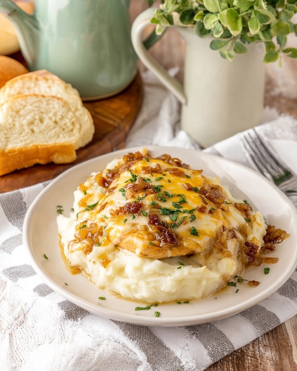 A white plate holds a dish with two layers of creamy white mashed potatoes topped with a thick layer of cooked chicken covered in golden melted cheese and small bits of browned onions, sprinkled with green herbs on top. The plate is on a white and gray striped cloth on a wooden table. Nearby, a chunk of light golden bread is next to a light green jug and a white ceramic pot with green leaves inside. Photo taken with an iphone --ar 4:5 --v 7