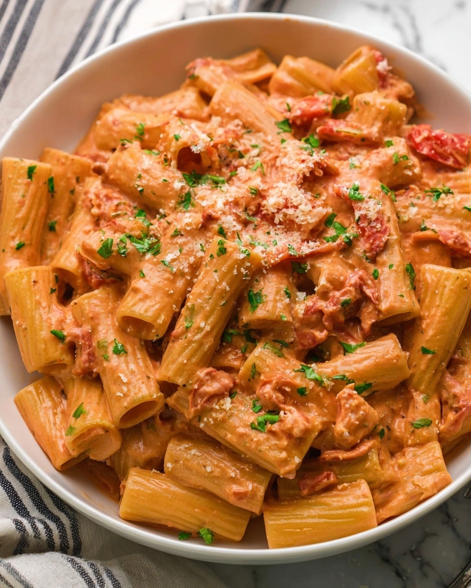 A close-up view of rigatoni pasta coated evenly in a creamy pinkish-orange sauce, mixed with small pieces of red tomatoes and garnished with chopped green herbs scattered on top. The pasta is arranged in a shallow white bowl with a soft texture of sauce filling the gaps between the tubular pasta pieces, giving a rich and inviting look. A few bits of grated white cheese are visible, adding a slight contrast on the surface. The bowl is placed on a white marbled surface with a striped cloth partially visible underneath. Photo taken with an iphone --ar 4:5 --v 7