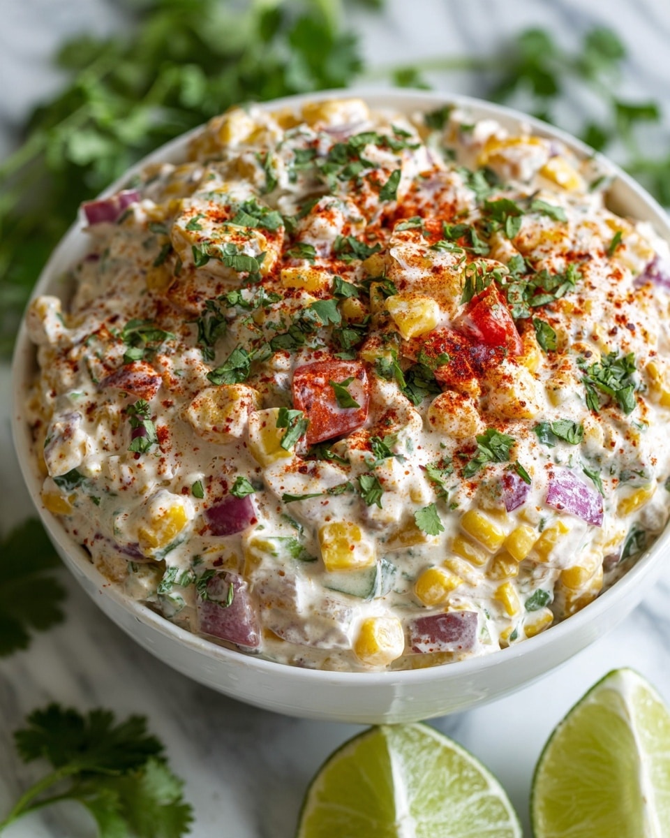 A close-up of a creamy salad in a white bowl, showing at least three layers: the base layer is thick white cream mixed with small yellow corn pieces, diced red tomatoes, and finely chopped purple onions; the middle layer has green cilantro leaves sprinkled throughout the salad; the top layer is dusted with red chili powder and chopped green herbs. The bowl sits on a white marbled surface with green cilantro leaves and two lime halves nearby. Photo taken with an iphone --ar 4:5 --v 7