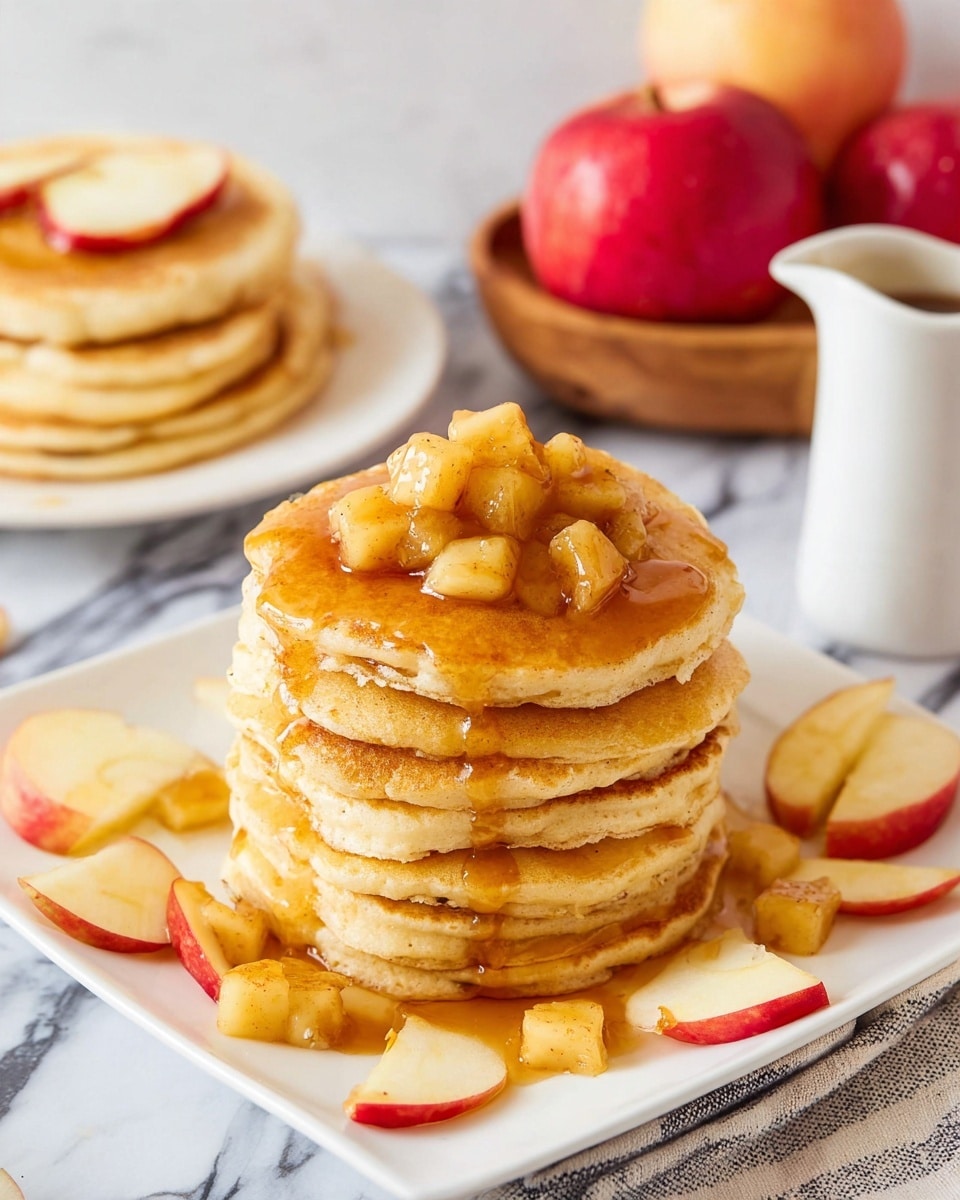 A tall stack of six golden brown pancakes with a soft, fluffy texture is centered on a white plate. On top, there is a thick layer of diced, cooked apples that look shiny with syrup covering them and running down the sides of the pancakes. In the background, there are blurred whole and halved red apples in a wooden bowl and a white pitcher. The scene is set on a white marbled surface with a striped cloth underneath the plate. photo taken with an iphone --ar 4:5 --v 7
