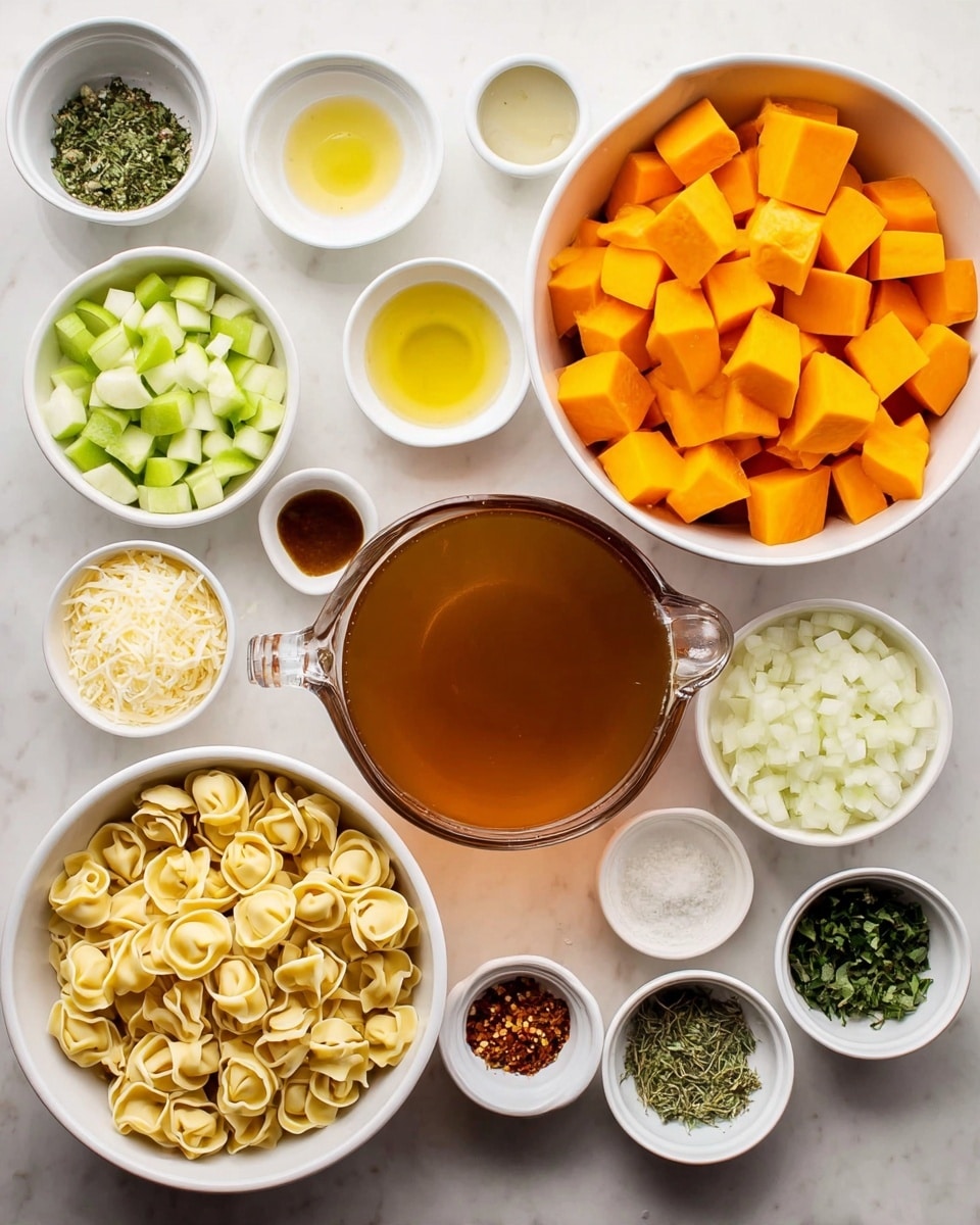 The image shows many small white bowls and a clear glass measuring cup arranged neatly on a white marbled surface, each holding a cooking ingredient. Starting from the bottom left, a white bowl contains pale yellow tortellini pasta, to its right is a large brown bowl filled with bright orange cubed pumpkin or squash. Above the pasta are small white bowls with bright green chopped apples, golden olive oil, salt, and seasonings. To the right of the apples are diced white onions and minced garlic in white bowls. Near the top center are finely grated cheese and chopped herbs in white bowls, with small dishes of chili flakes and more herbs to the right. A clear glass measuring cup filled with amber-colored broth sits in the middle. The presentation is clean and organized, showing different textures and colors of fresh ingredients. photo taken with an iphone --ar 4:5 --v 7