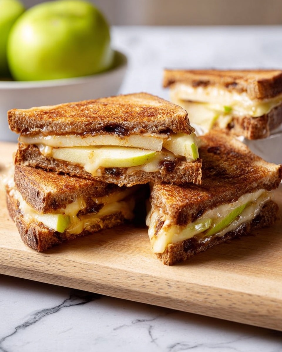 The image shows a grilled sandwich with two layers of toasted brown bread with visible raisins. Between the bread layers, there is a thick layer of melted light yellow cheese that drips down the sides, blending with slices of green apple placed in the middle. The sandwich sits directly on a white marbled surface. In the background, a second sandwich is slightly blurred. The overall look is warm and inviting, with the melted cheese adding a smooth, creamy texture contrasting with the firm apple slices and crispy bread. photo taken with an iphone --ar 4:5 --v 7