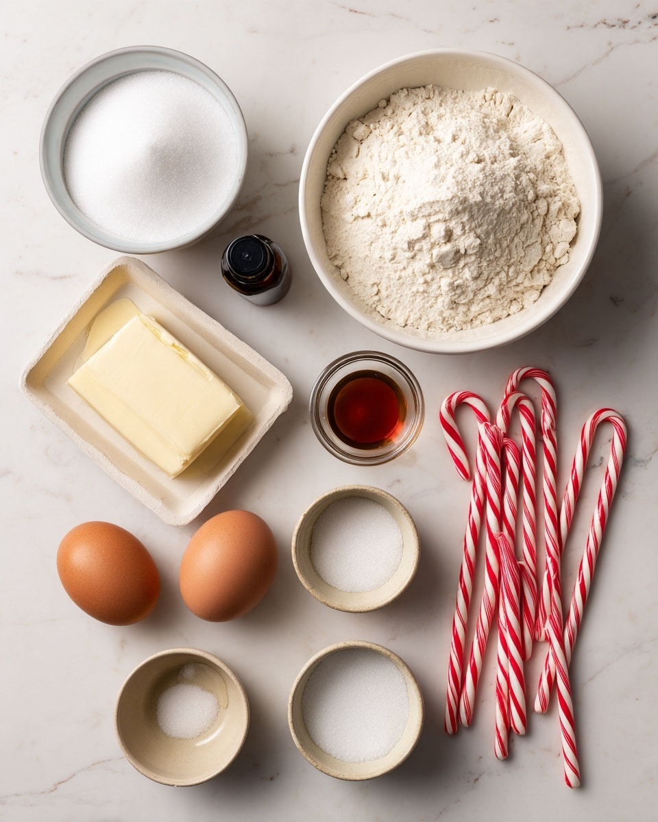 The image shows various ingredients arranged neatly on a white marbled surface. There is a large white bowl filled with white sugar, a large white bowl with flour, and a stick of butter in its wrapper lying next to two brown eggs. Also present are a small bottle of vanilla extract, a small glass bowl with a brown liquid, three small beige bowls containing salt, baking powder, and baking soda, and three red and white striped candy canes. All items are spaced out clearly, giving a clean and organized look. Photo taken with an iphone --ar 4:5 --v 7