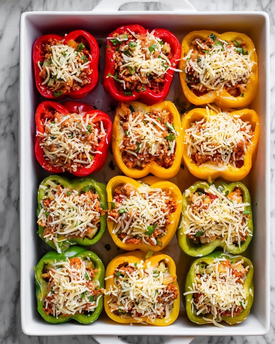 A white baking dish holds nine stuffed bell pepper halves arranged in three rows. The first row shows red bell pepper halves filled with a mixture of chopped light brown meat, green herbs, and small bits inside. The second row features yellow bell pepper halves with the same filling. The third row has green bell pepper halves also filled the same way. In the second image, a layer of shredded pale yellow cheese is spread over the filling in each pepper half. The third image shows the peppers after baking, with the cheese melted and slightly browned, covering the filling but leaving the bright, firm pepper edges visible. The dish sits on a white marbled surface. photo taken with an iphone --ar 4:5 --v 7
